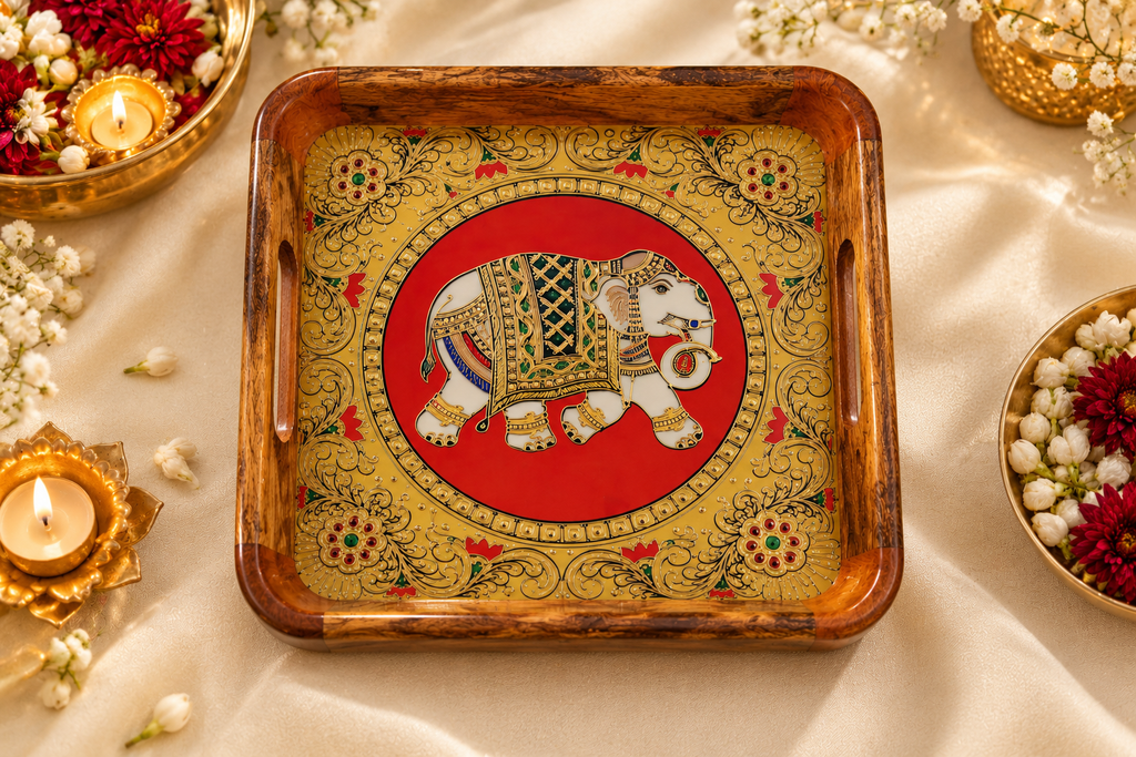 Handcrafted Wooden Decorative Tray | Elegant Festive Serving & Gifting