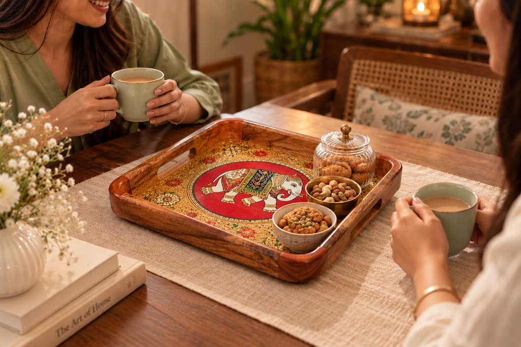 Handcrafted Wooden Decorative Tray | Elegant Festive Serving & Gifting