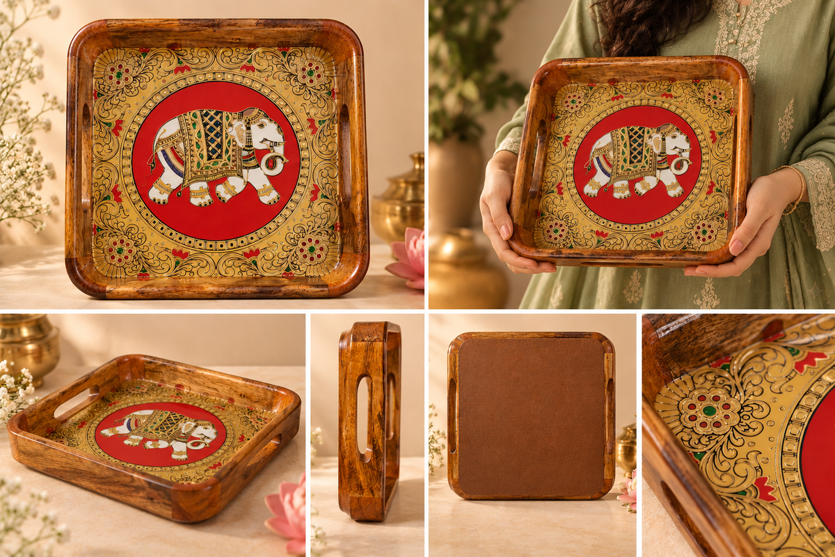 Handcrafted Wooden Decorative Tray | Elegant Festive Serving & Gifting