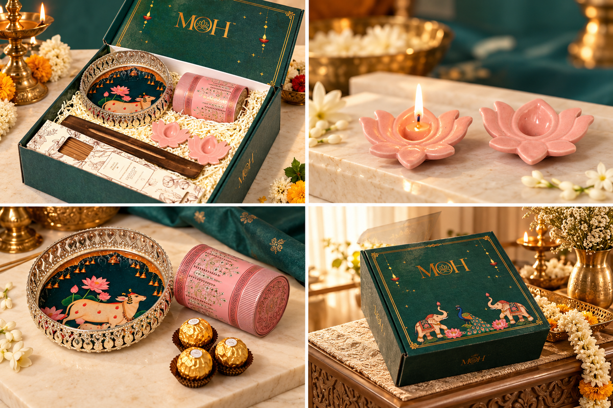 MOH Premium German Silver Pichwai Thali Gift set with modern lotus diya, decorative tin and calming incense sticks with holder