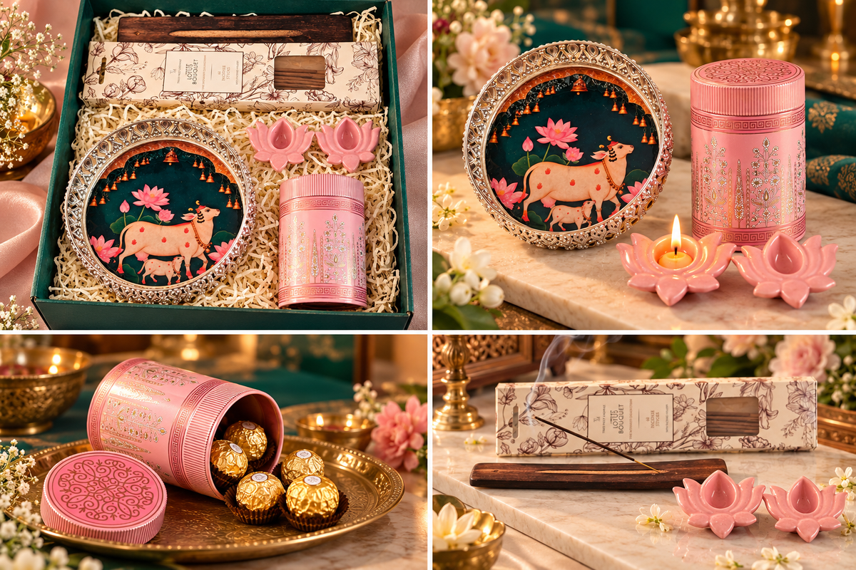 MOH Premium German Silver Pichwai Thali Gift set with modern lotus diya, decorative tin and calming incense sticks with holder