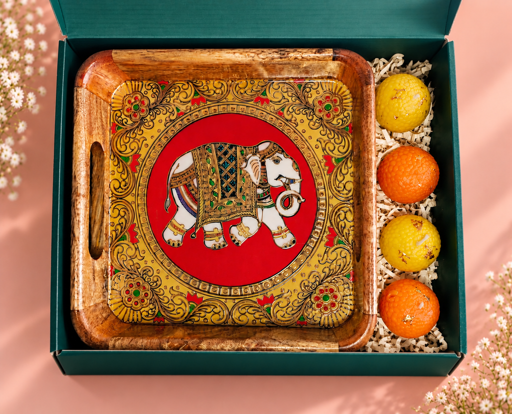 MOH Premium Handcrafted Wooden Elephant Tray with ladoo candles  Festive Gift Hamper