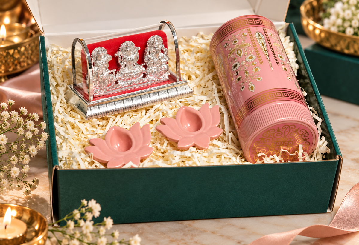 MOH Premium Pink Festive Gift Hamper with Silver-Tone Lakshmi Ganesh Idol, Lotus Diyas & Decorative Keepsake Box
