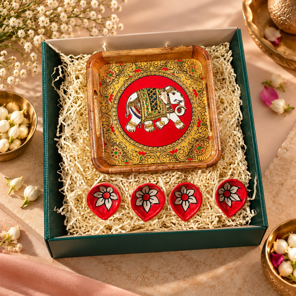 MOH traditional elephant art wooden tray with red decorative diyas gift hamper