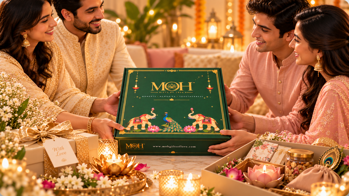 MOH Premium Pink Festive Gift Hamper with Silver-Tone Lakshmi Ganesh Idol, Lotus Diyas & Decorative Keepsake Box