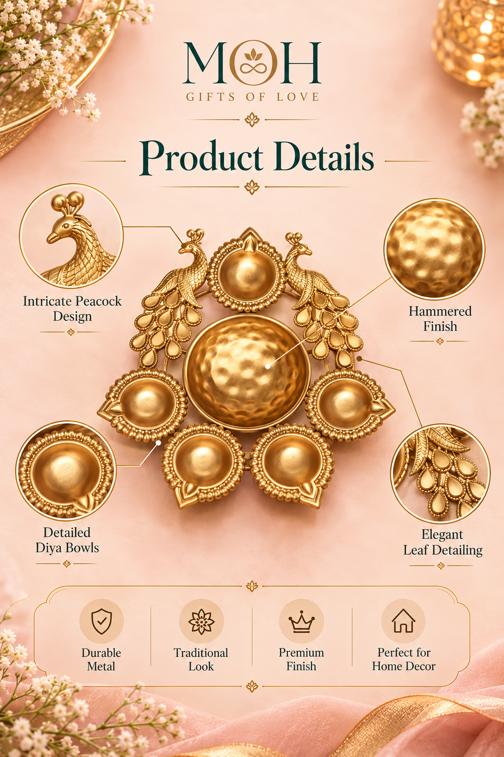 MOH Premium Festive Pooja Gift Hamper with Pink Decorative Tins, Lotus Diya and Golden Urli Set