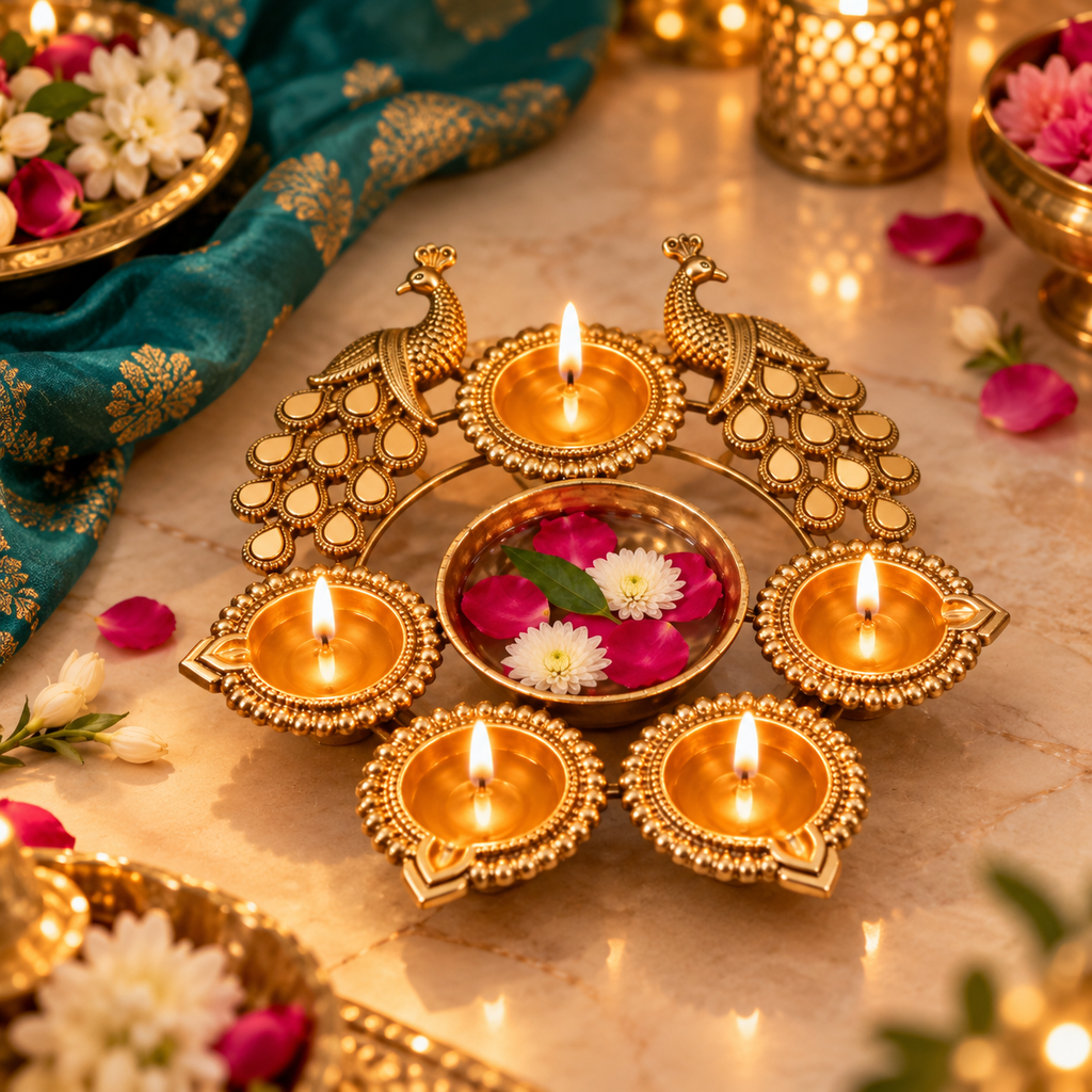 MOH Premium Festive Pooja Gift Hamper with Pink Decorative Tins, Lotus Diya and Golden Urli Set