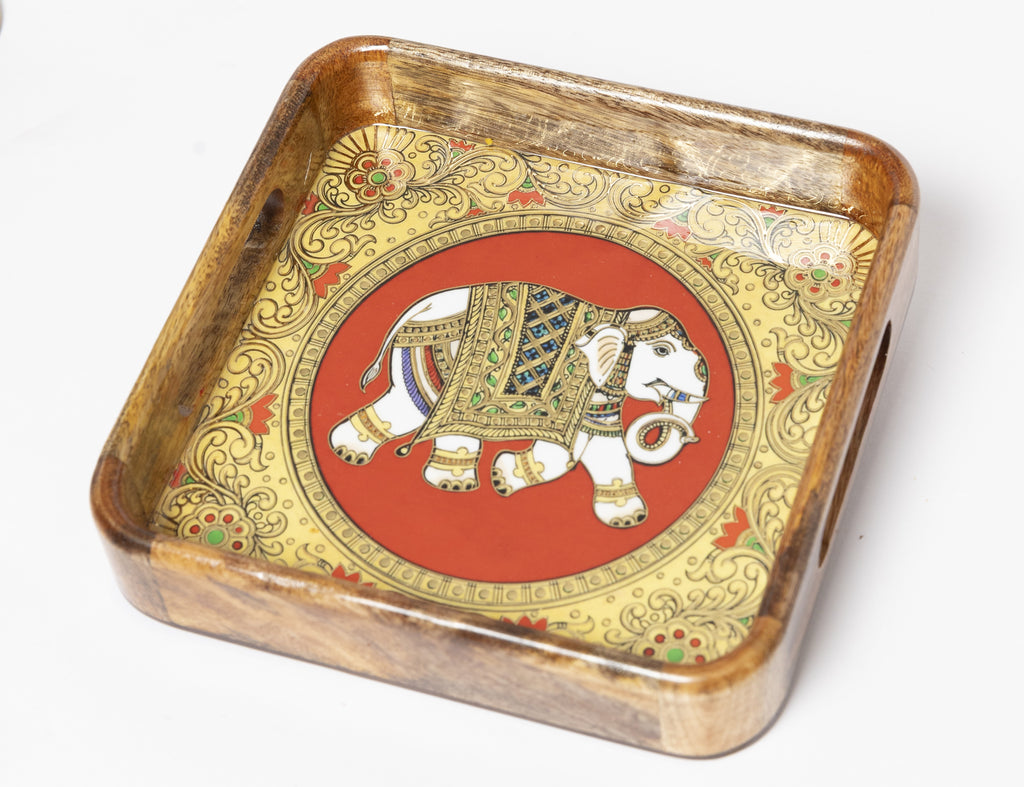 MOH premium Hand crafted Wooden Tray with Traditional Elephant Motif