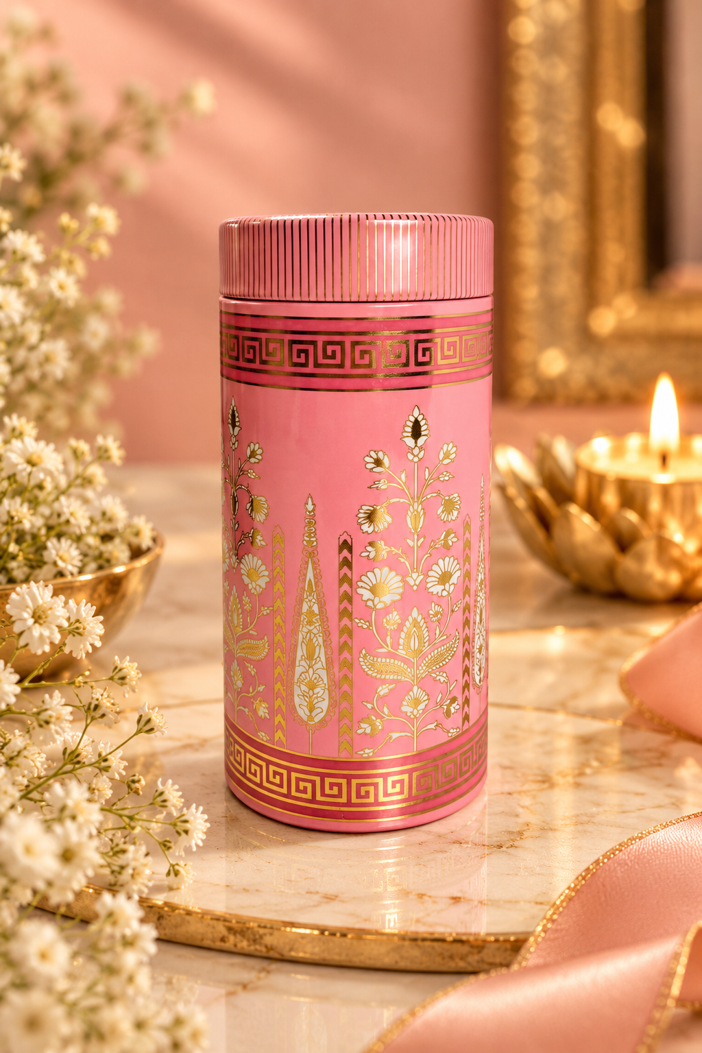 MOH Pink Printed Airtight Storage Tin with Golden Floral Design