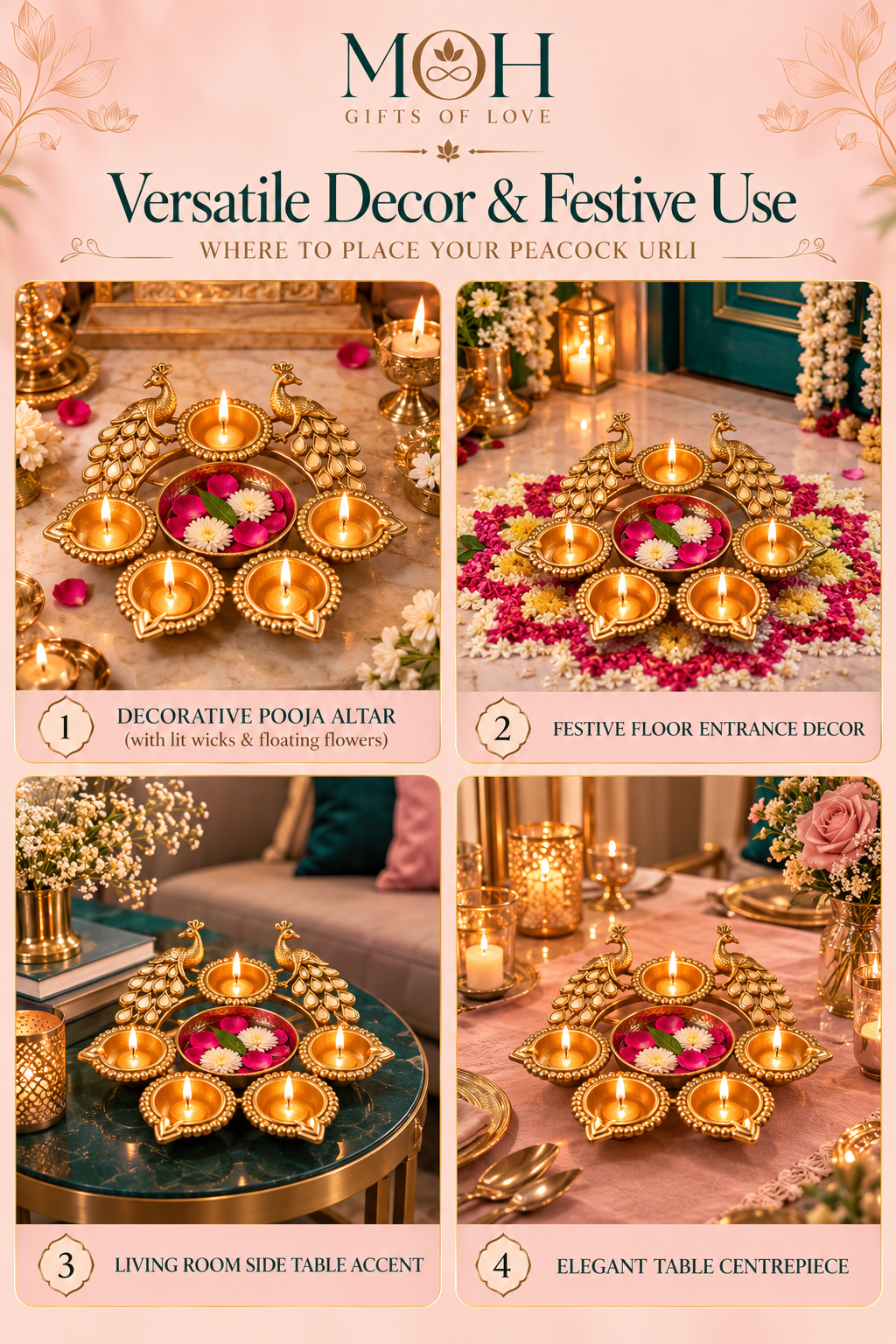 MOH Premium Festive Pooja Gift Hamper with Pink Decorative Tins, Lotus Diya and Golden Urli Set
