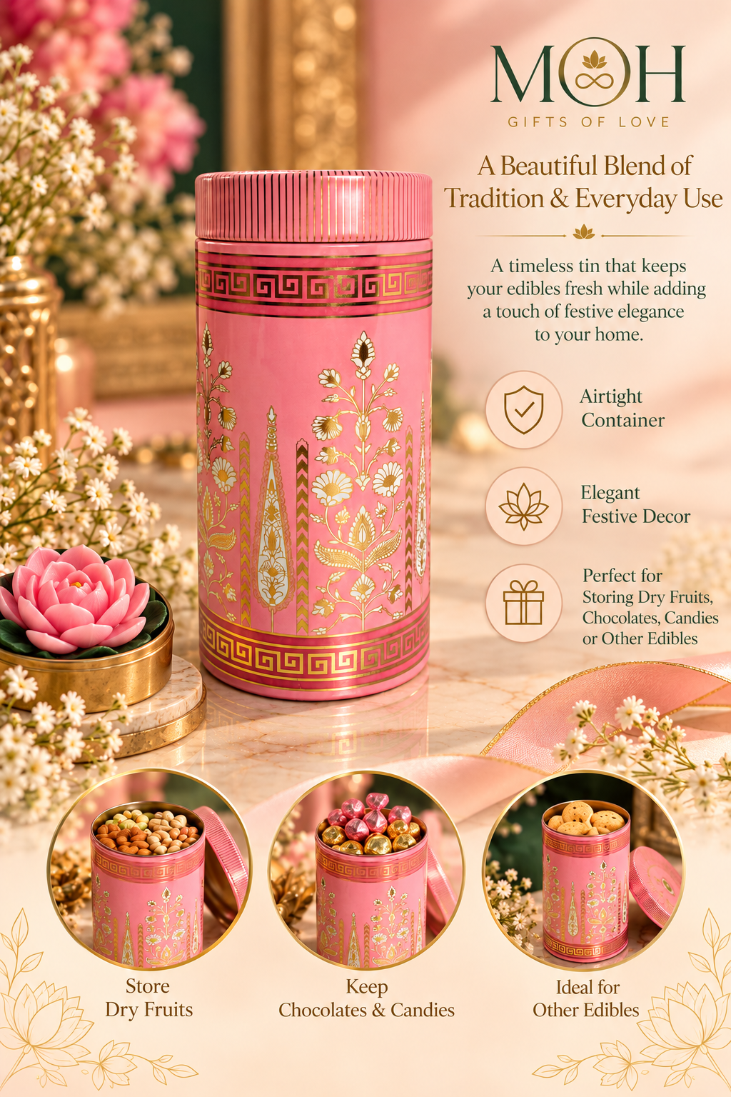 MOH Pink Printed Airtight Storage Tin with Golden Floral Design