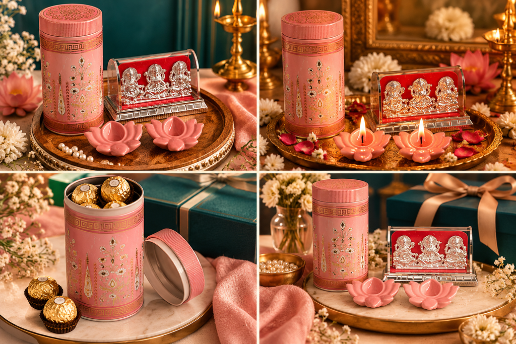 MOH Premium Pink Festive Gift Hamper with Silver-Tone Lakshmi Ganesh Idol, Lotus Diyas & Decorative Keepsake Box