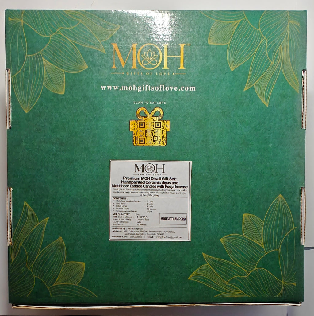 MOH Premium Diwali Gift Hamper with Lotus Diyas, Floral Tealight Holders & Patchouli Amber Incense Sticks