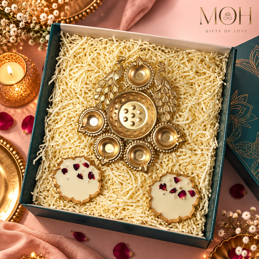 MOH Premium Peacock Diya Gift Hamper with urli candle