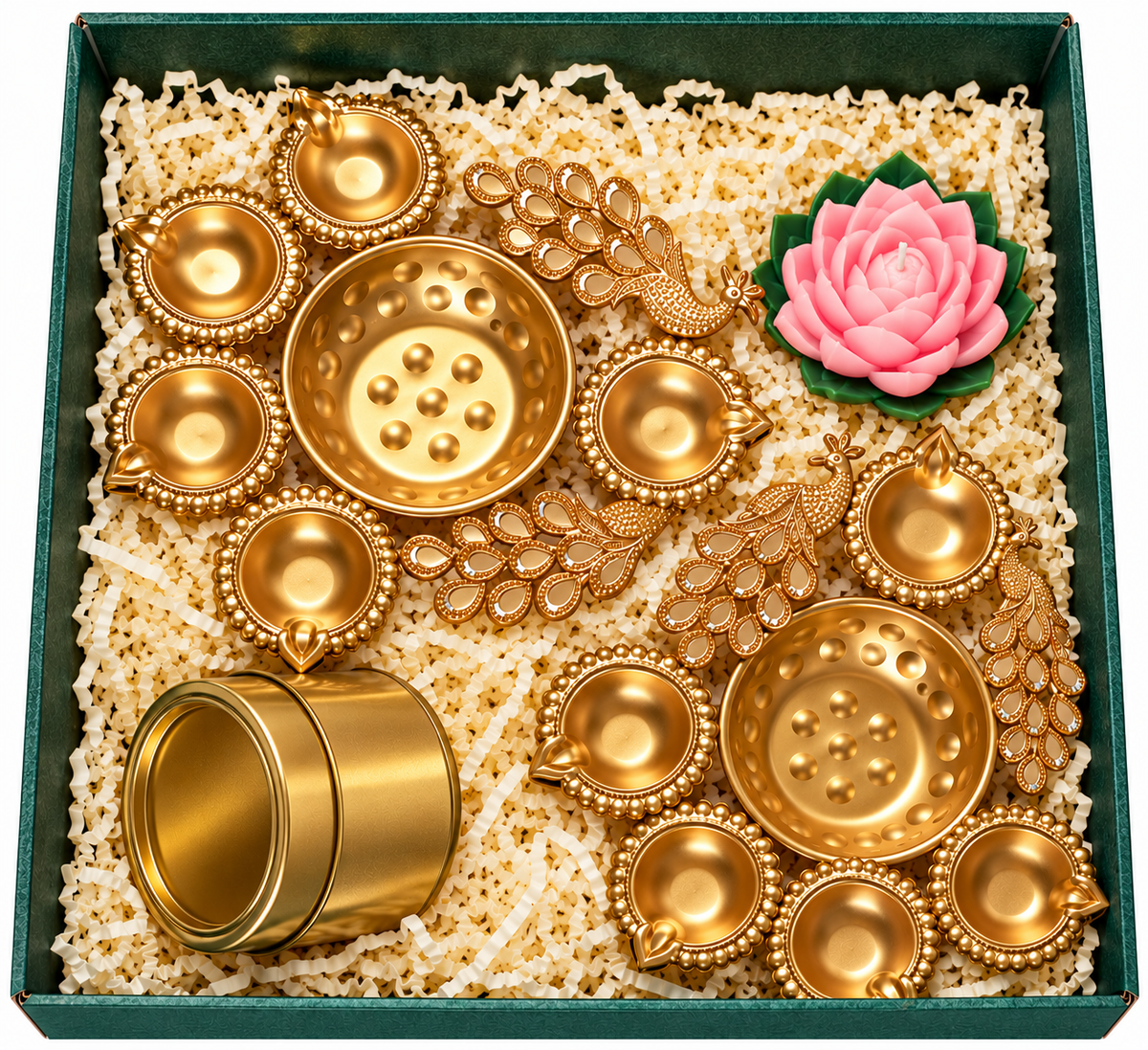MOH Premium Pooja Gift Hamper with Lotus Diya and Peacock Urli