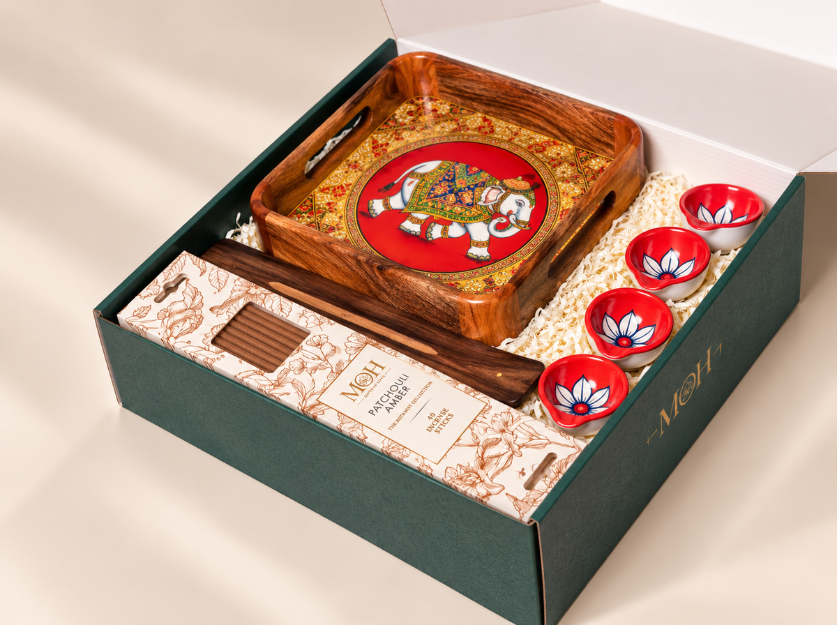 MOH Premium Pooja Thali Gift Hamper with Wooden Tray, Decorative Elephant Artwork and Red Lotus Diyas