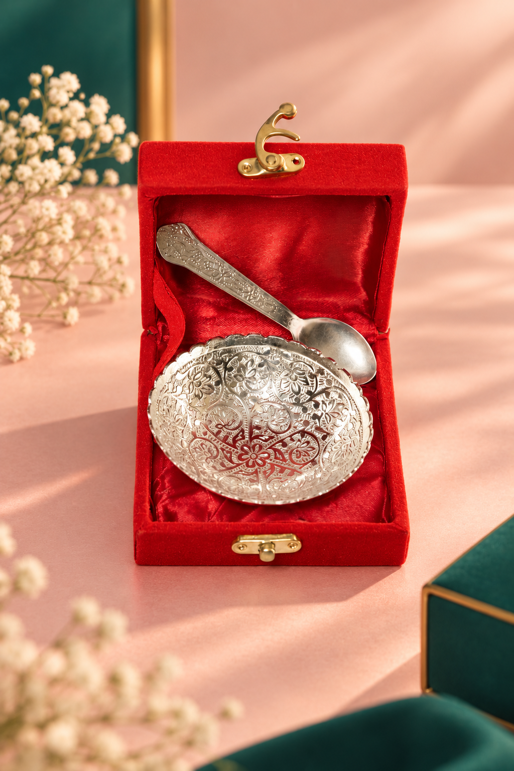 MOH Premium Diwali pooja gift hamper with silver-tone pooja set, lotus diyas and incense holder