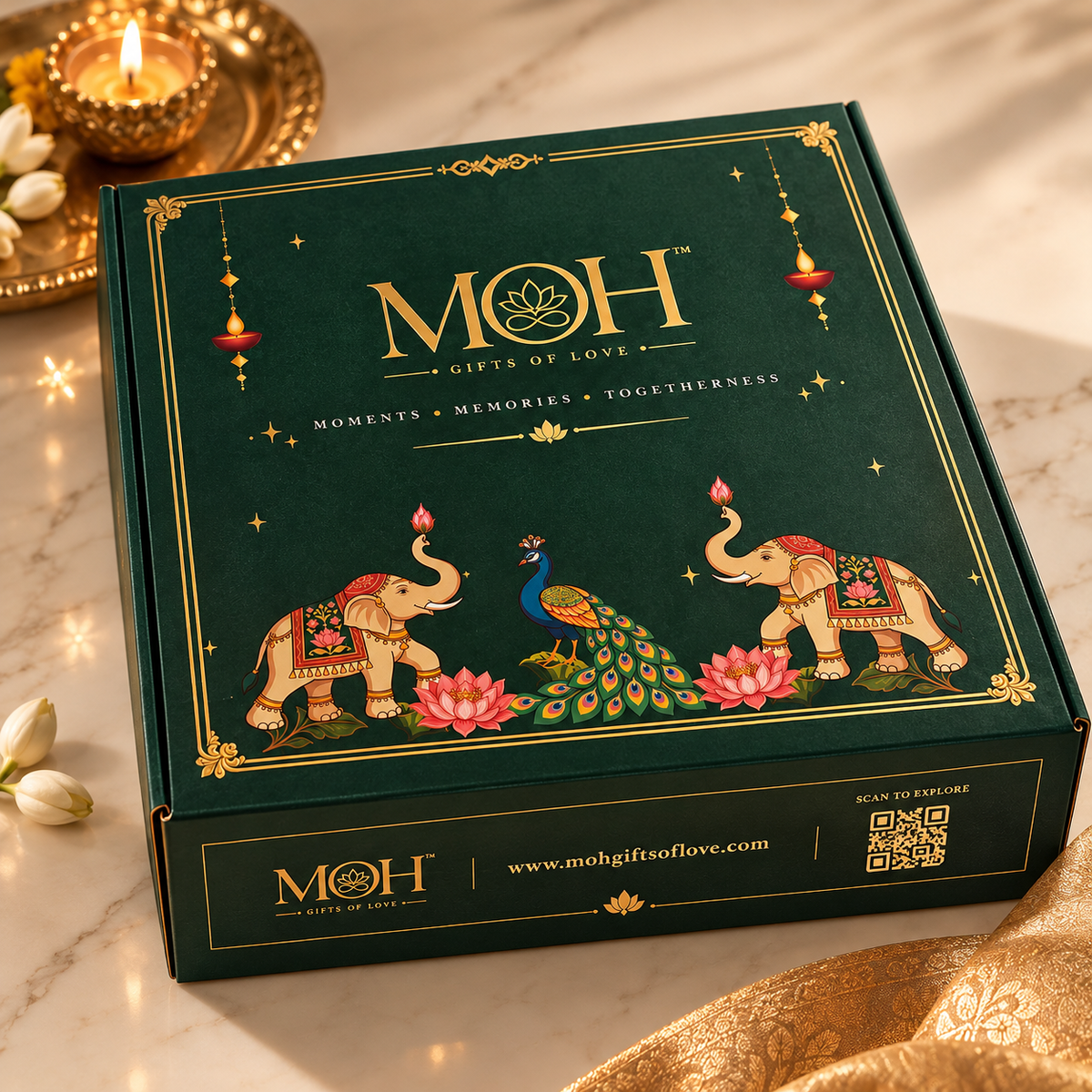 MOH Premium Diwali pooja gift hamper with silver-tone pooja set, lotus diyas and incense holder