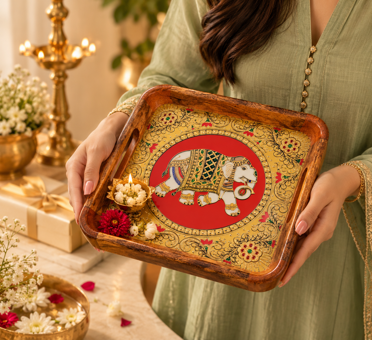 MOH Premium Pooja Thali Gift Hamper with Wooden Tray, Decorative Elephant Artwork and Red Lotus Diyas