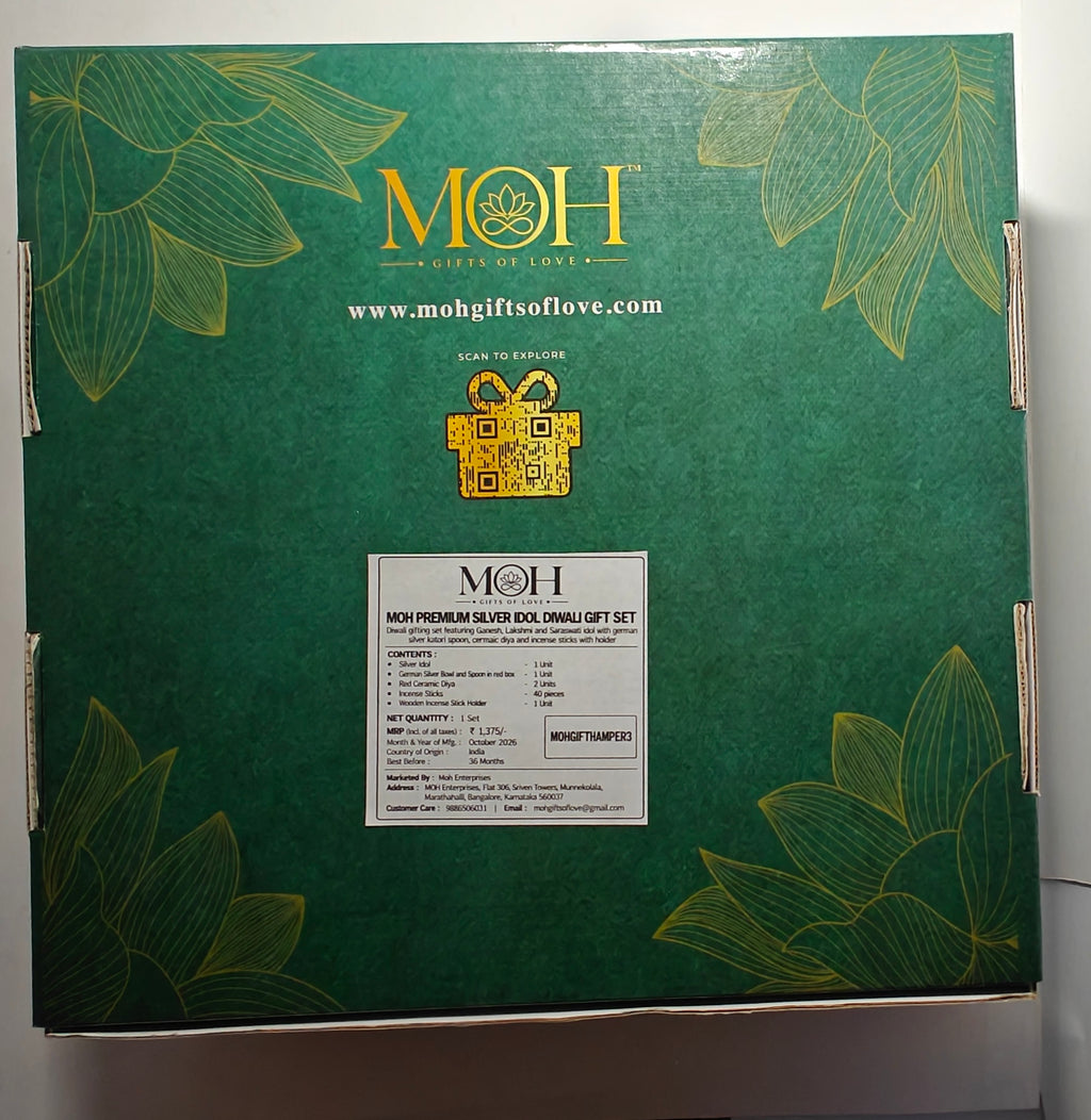 MOH Premium Diwali pooja gift hamper with silver-tone pooja set, lotus diyas and incense holder