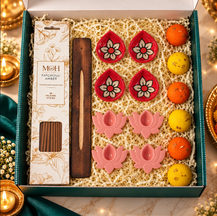 MOH Premium Diwali Gift Hamper with Lotus Diyas, Floral Tealight Holders & Patchouli Amber Incense Sticks